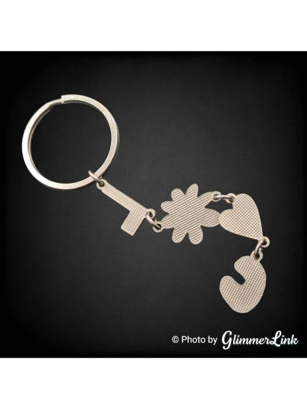 LOVE Enamel Charm Keychain Silver Tone Flower Heart Y2K Style